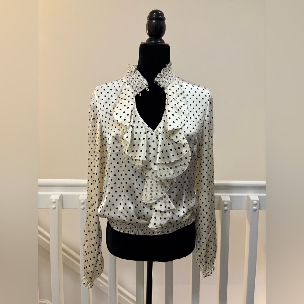 White House Black Market Ivory and Black Polka Dot Ruffle Satin Blouse NWT